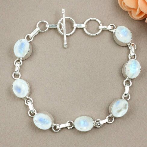 Oval Shape Natural Gemstones Statement Bracelet for Women - 925 Silver Plated Handmade Birthstone Bohemian Vintage Style Women's Jewelry Gifts for Wedding Anniversary Christmas Valentine's Day in Saudi Arabia