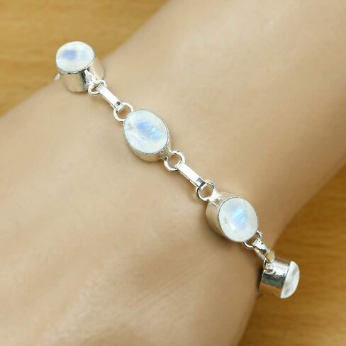 Oval Shape Natural Gemstones Statement Bracelet for Women - 925 Silver Plated Handmade Birthstone Bohemian Vintage Style Women's Jewelry Gifts for Wedding Anniversary Christmas Valentine's Day in Saudi Arabia