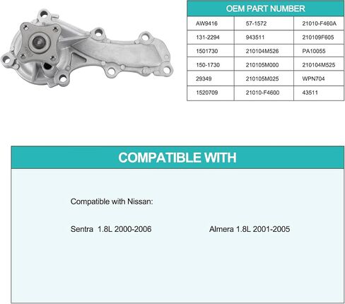 AW9416 Water Pump (1.8L L4 Only) For Nissan Sentra 2000 2001 2002 2003 2004 2005 2006,Almera 2001 2002 2003 2004 2005 131-2294 1501730 29349 in Saudi Arabia
