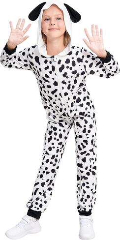 RCPATERN Halloween Costumes for Girls Boys Kid's Black Spotted Dog Zip Up Cute Hooded Dalmatian Jumpsuit with Tail 6-7 Years Toddler Animal Cosplay Outfit in Kuwait