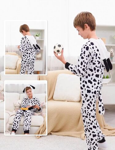 RCPATERN Halloween Costumes for Girls Boys Kid's Black Spotted Dog Zip Up Cute Hooded Dalmatian Jumpsuit with Tail 6-7 Years Toddler Animal Cosplay Outfit in Kuwait
