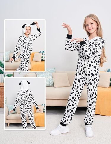 RCPATERN Halloween Costumes for Girls Boys Kid's Black Spotted Dog Zip Up Cute Hooded Dalmatian Jumpsuit with Tail 6-7 Years Toddler Animal Cosplay Outfit in Kuwait