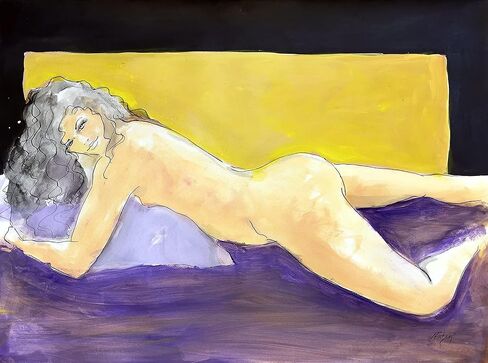 Female Nude large expressionist mixed media drawing. Expressive nude woman on a bed in Saudi Arabia