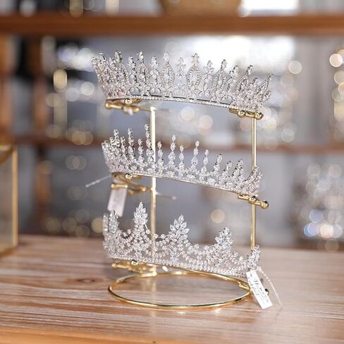 Crown Display 2-Tier Tiara Display Stand Golden Bridal Crown Storage Organizer Jewelry Holder for Women Girls Wedding Home Shop Store in Kuwait