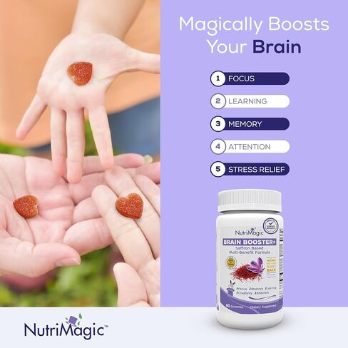 Brain Booster+ 30mg Pure Saffron Extract Gummies & Multivitamin D3, B6, B12, Zinc, Supports Kids Focus, Memory, Attention, Mood Balance & Brain Health, 60x Non-GMO Dietary Supplement Gummy in Saudi Arabia