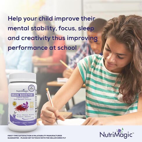 Brain Booster+ 30mg Pure Saffron Extract Gummies & Multivitamin D3, B6, B12, Zinc, Supports Kids Focus, Memory, Attention, Mood Balance & Brain Health, 60x Non-GMO Dietary Supplement Gummy in Saudi Arabia