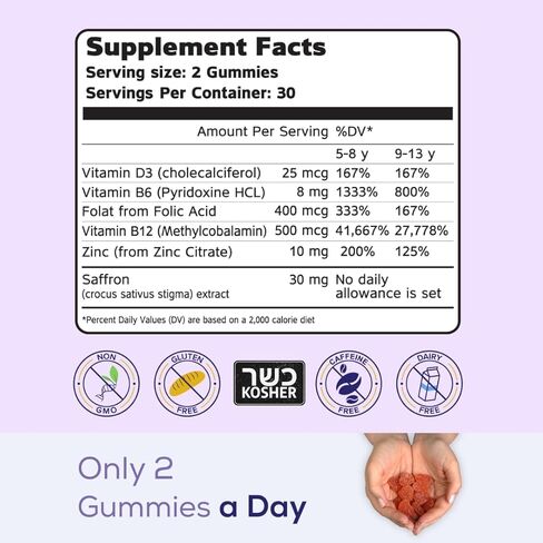Brain Booster+ 30mg Pure Saffron Extract Gummies & Multivitamin D3, B6, B12, Zinc, Supports Kids Focus, Memory, Attention, Mood Balance & Brain Health, 60x Non-GMO Dietary Supplement Gummy in Saudi Arabia