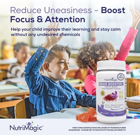 Brain Booster+ 30mg Pure Saffron Extract Gummies & Multivitamin D3, B6, B12, Zinc, Supports Kids Focus, Memory, Attention, Mood Balance & Brain Health, 60x Non-GMO Dietary Supplement Gummy in Saudi Arabia