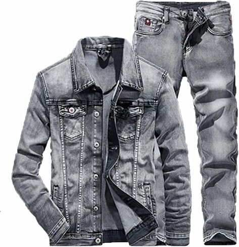 Men's Slim Fit Denim Long Sleeve Jacket + Pants Business Casual 2-Piece Jeans Sets in Saudi Arabia