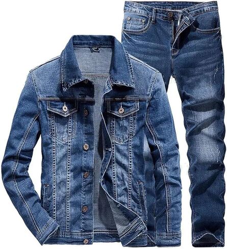 Men's Slim Fit Denim Long Sleeve Jacket + Pants Business Casual 2-Piece Jeans Sets in Saudi Arabia
