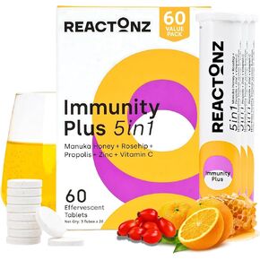 5 in 1 Immunity Plus – Immune Support & Antioxidant Supplement – Vitamin C, Zinc, Manuka Honey, Rosehip & Propolis – Natural Zesty Orange Flavor – 20 Day Supply Effervescent Tablets in Saudi Arabia
