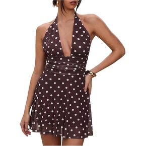 Milumia Women's Polka Dots Ruched Backless Halter Mini Dress Sexy Deep V Neck A Line Short Dresses in Saudi Arabia