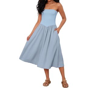 OLAPTA Women Strapless Tube Top Maxi Dresses Patchwork Casual Sleeveless Backless Dresses Swing Basic Solid Dress with Pocket in Kuwait