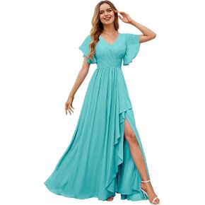 V Neck Bridesmaid Dress Long 2025 Puffy Short Sleeve Ruffle Chiffon Formal Dress with Pockets in Saudi Arabia