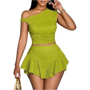 WDIRARA Women's One Shoulder Asymmetrical Tank Top and Layered Ruffle A Line Mini Skirt Sets 2 Piece Outfits in Saudi Arabia
