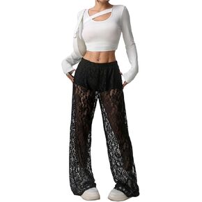 Milumia Women's Floral Lace Sheer Mesh Pants Low Waist See Through Wide Leg Trousers in Saudi Arabia