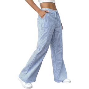 Women's Wide Leg Striped Pants Drawstring Low Waisted Casual Loose Trousers with Pocket in Kuwait