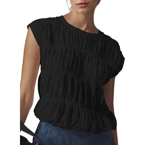 MISSACTIVER Women's Cute Tiered Shirred Bubble Top Solid Casual Crew Neck Cap Sleeve Tank Top Babydoll Tee Shirt Blouse Tops in Kuwait