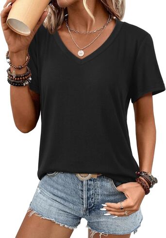ATHMILE Womens V Neck Short Sleeve Summer T Shirts Curved Hem Plain Top in Kuwait