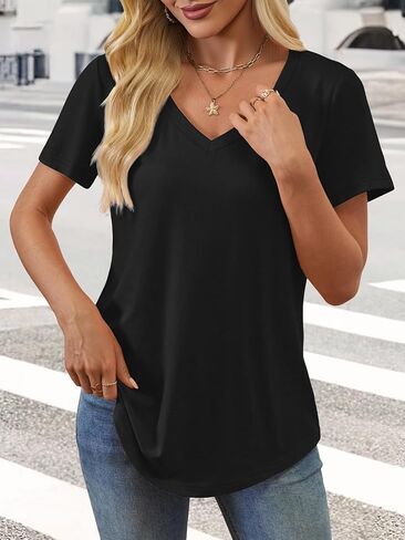 ATHMILE Womens V Neck Short Sleeve Summer T Shirts Curved Hem Plain Top in Kuwait