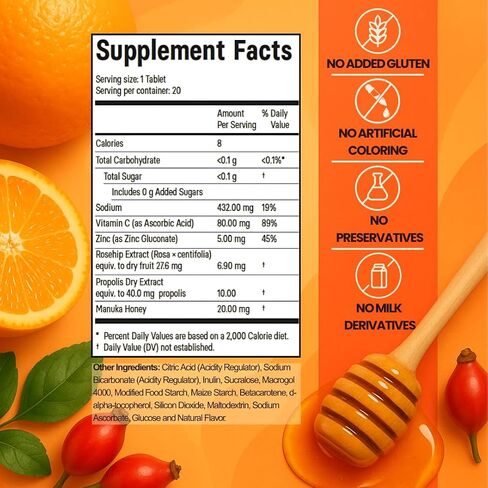 5 في 1 معززة مناعية - فيتامين C ، الزنك ، عسل مانوكا ، تربية الورد وبروبوليس - ملحق مشروب برتقالي طبيعي لدعم المناعة اليومي (60 قرصًا فوهراً) in Saudi Arabia