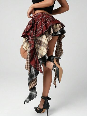 Verdusa Plaid Skirts for Women Ruffle Asymmetrical Layered Hem Y2k Skirt with Shorts Underneath in Saudi Arabia