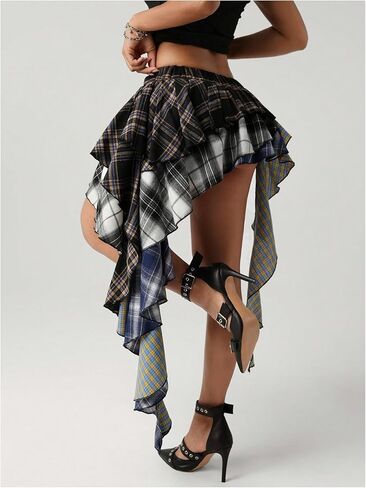 Verdusa Plaid Skirts for Women Ruffle Asymmetrical Layered Hem Y2k Skirt with Shorts Underneath in Saudi Arabia