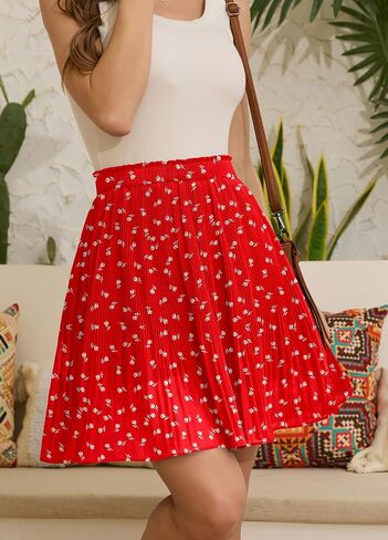 Women's White Mini Skirts Boho Floral Chiffon Pleated Summer Short Skirt in Saudi Arabia