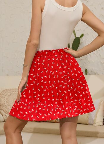 Women's White Mini Skirts Boho Floral Chiffon Pleated Summer Short Skirt in Saudi Arabia
