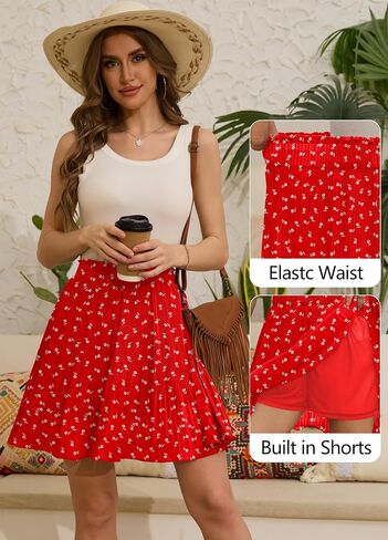 Women's White Mini Skirts Boho Floral Chiffon Pleated Summer Short Skirt in Saudi Arabia