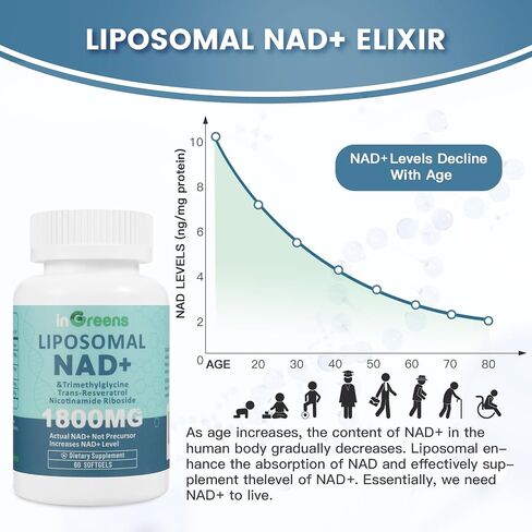 ملحق Liposomal NAD+ 1800 ملغ مع الريبوسيد النيكوتيناميد ، ريسفيراترول ترانس ، تريميثيل جليسين ， يحل محل NMN ، Boost NAD+ ، الدفاع الشيخوخة ， الطاقة الخلوية ، 120 SoftGels in Kuwait
