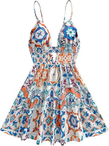 Floerns Women's Boho Floral Print Mini Dresses Cut Out V Neck Tiered Summer Cami Dresses in Saudi Arabia