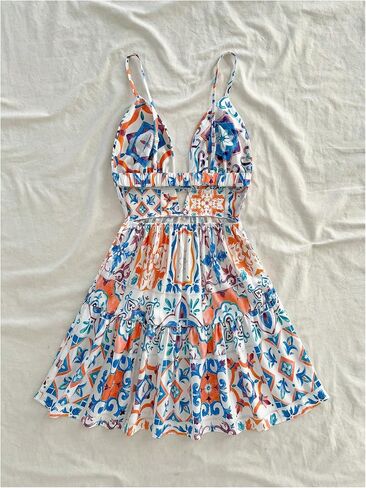 Floerns Women's Boho Floral Print Mini Dresses Cut Out V Neck Tiered Summer Cami Dresses in Saudi Arabia