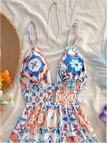 Floerns Women's Boho Floral Print Mini Dresses Cut Out V Neck Tiered Summer Cami Dresses in Saudi Arabia