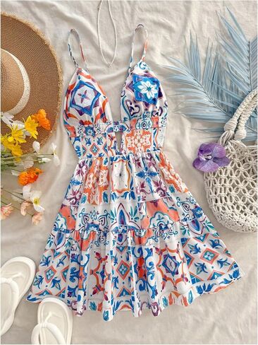 Floerns Women's Boho Floral Print Mini Dresses Cut Out V Neck Tiered Summer Cami Dresses in Saudi Arabia
