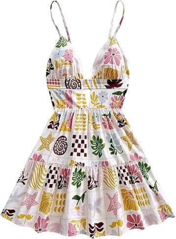 Floerns Women's Boho Floral Print Mini Dresses Cut Out V Neck Tiered Summer Cami Dresses in Saudi Arabia