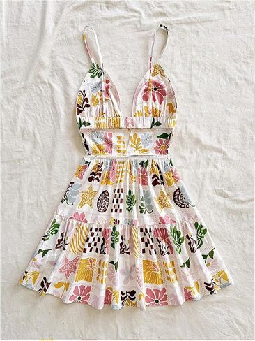 Floerns Women's Boho Floral Print Mini Dresses Cut Out V Neck Tiered Summer Cami Dresses in Saudi Arabia
