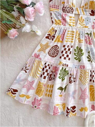 Floerns Women's Boho Floral Print Mini Dresses Cut Out V Neck Tiered Summer Cami Dresses in Saudi Arabia