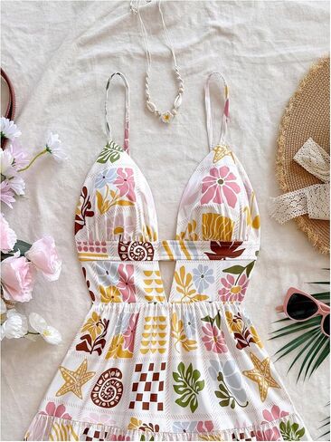 Floerns Women's Boho Floral Print Mini Dresses Cut Out V Neck Tiered Summer Cami Dresses in Saudi Arabia