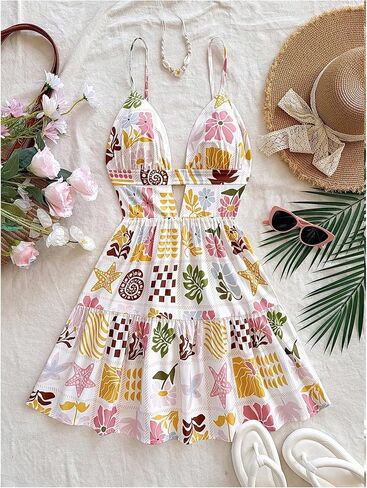 Floerns Women's Boho Floral Print Mini Dresses Cut Out V Neck Tiered Summer Cami Dresses in Saudi Arabia