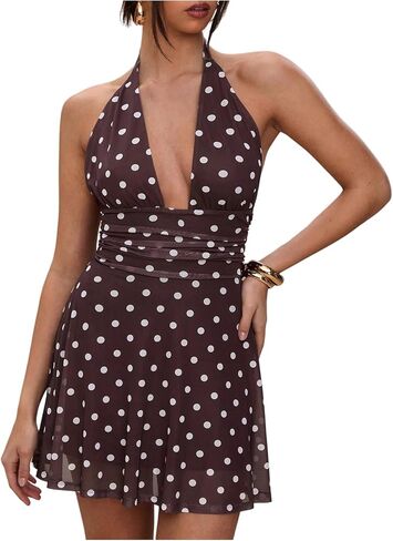 Milumia Women's Polka Dots Ruched Backless Halter Mini Dress Sexy Deep V Neck A Line Short Dresses in Saudi Arabia