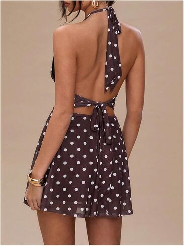 Milumia Women's Polka Dots Ruched Backless Halter Mini Dress Sexy Deep V Neck A Line Short Dresses in Saudi Arabia