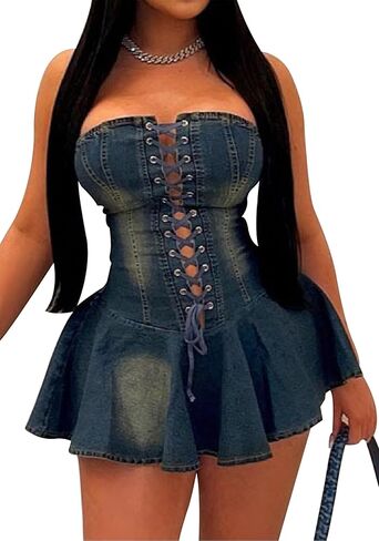 Ptorlio Summer Sexy Denim Mini Dress Strapless Party Club Tube A-line Corset Bandage Short Dresses in Kuwait