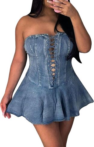Ptorlio Summer Sexy Denim Mini Dress Strapless Party Club Tube A-line Corset Bandage Short Dresses in Kuwait
