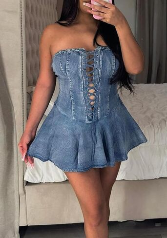 Ptorlio Summer Sexy Denim Mini Dress Strapless Party Club Tube A-line Corset Bandage Short Dresses in Kuwait