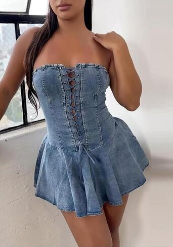 Ptorlio Summer Sexy Denim Mini Dress Strapless Party Club Tube A-line Corset Bandage Short Dresses in Kuwait