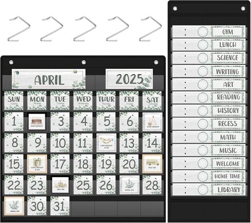 Ctosree 2 Pcs Classroom Monthly Calendar Pocket Chart with 71 Pocket Chart Cards, Daily Schedule Pocket Chart with 26 Double Sided Reusable Cards for Homeschool Preschool(Boho) in Saudi Arabia