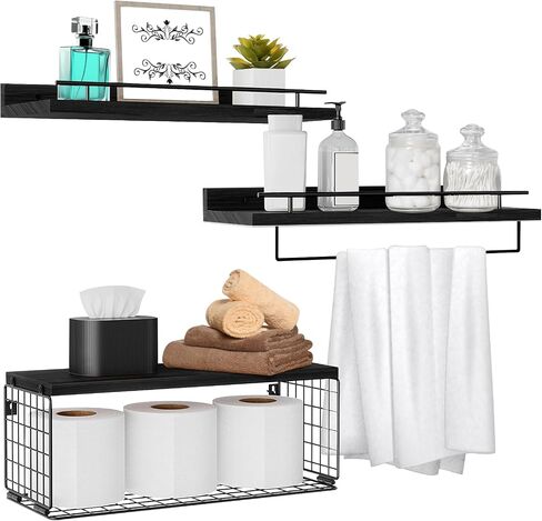 Floating Shelves for Wall, Wood Bookcases, Decor for Kitchen| Farmhouse| Bedroom| Laundry Room| Living Room| Bathroom, Hanging Storage - Black in Saudi Arabia