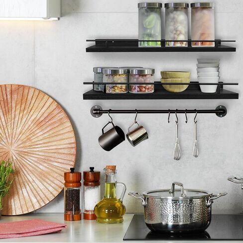 Floating Shelves for Wall, Wood Bookcases, Decor for Kitchen| Farmhouse| Bedroom| Laundry Room| Living Room| Bathroom, Hanging Storage - Black in Saudi Arabia