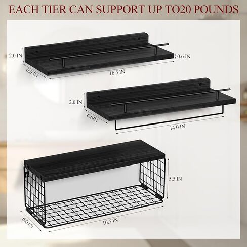 Floating Shelves for Wall, Wood Bookcases, Decor for Kitchen| Farmhouse| Bedroom| Laundry Room| Living Room| Bathroom, Hanging Storage - Black in Saudi Arabia